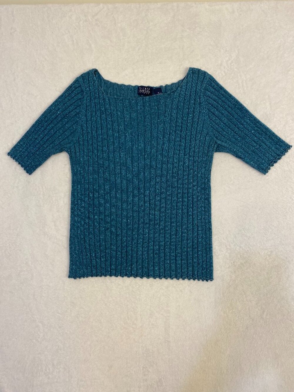 Hillard & Hanson Blue Glitter Short Sleeve Knit Blouse Stretch Size XL